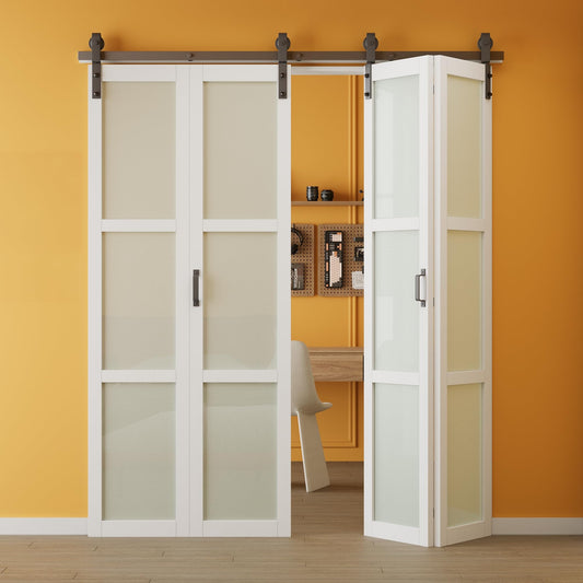 Paintable Bifold Barn Doors, 50" x 84" Preassembled MDF Panels Bi Fold Barn Door with Sliding Hardware Kit Included, 3 Lite Tempered Frosted Glass Sliding Closet Doors for Pantry Laundry
