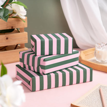 WRAPAHOLIC 30 Inch Kraft Wrapping Paper - 30 Inch x 33 Feet - Green and Pink Stripe Wrapping Paper for Christmas, Birthday, Wedding, Baby Shower