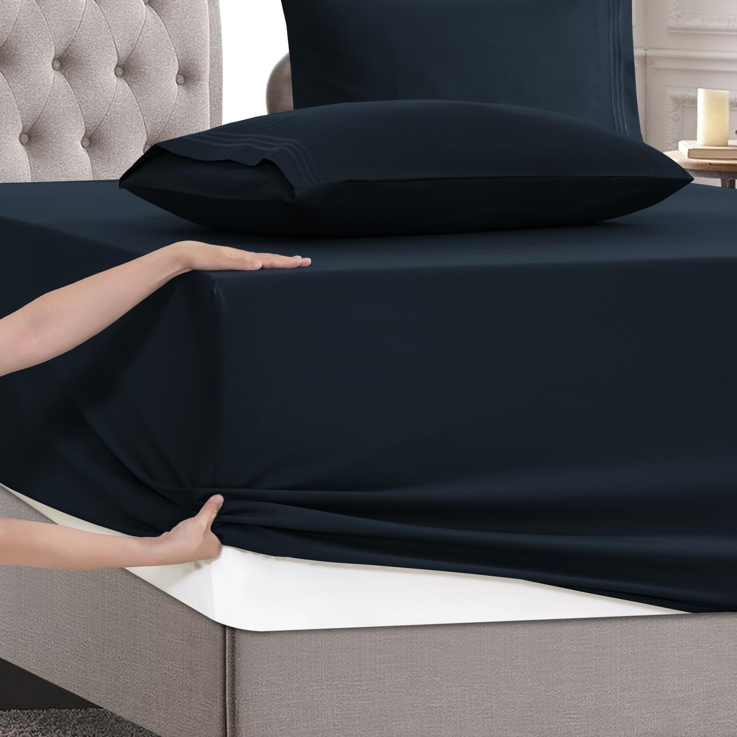 Mocassi Full Size 4-Piece Bed Sheet Set - 1800 Premium Hotel Quality Microfiber 18-24 Inches Extra Deep Pocket Fitted Sheet- Luxury Soft, Breathable, Wrinkle, and Fade Resistant, Black