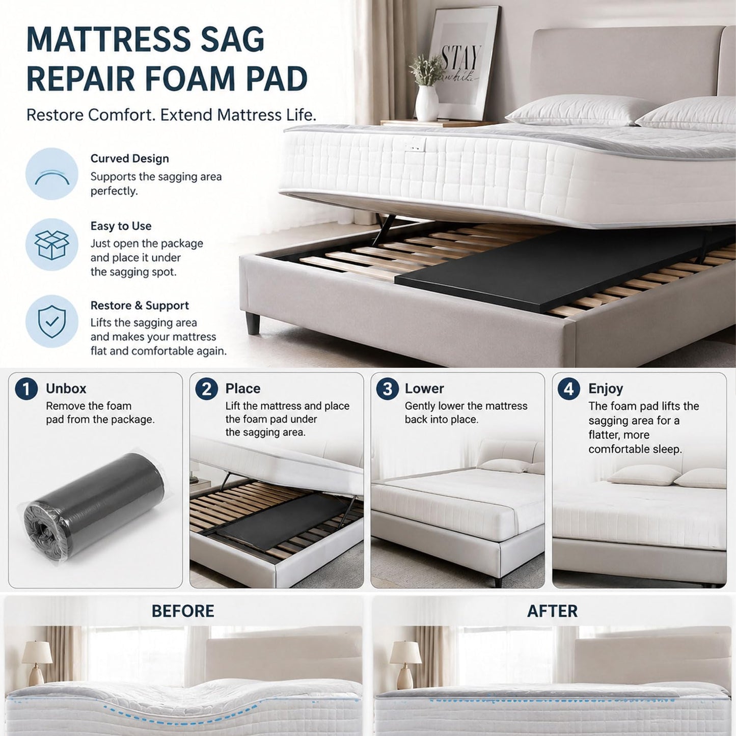 Foreard 47“ Sagging Mattress Support, for Fix Sinking Bed Curve Design 2 Inches High Density Foam Insert Pad 47 * 25 * 2 in (Black)