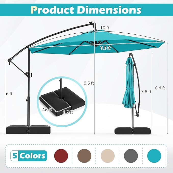 Tangkula 10ft Solar LED Patio Umbrella with Base, Offset Cantilever Outdoor Umbrella with 32 LED Lights, Infinite Tilt, 360 Degree Rotation, Crank Handle for Pool Deck Garden Backyard (Turquoise)