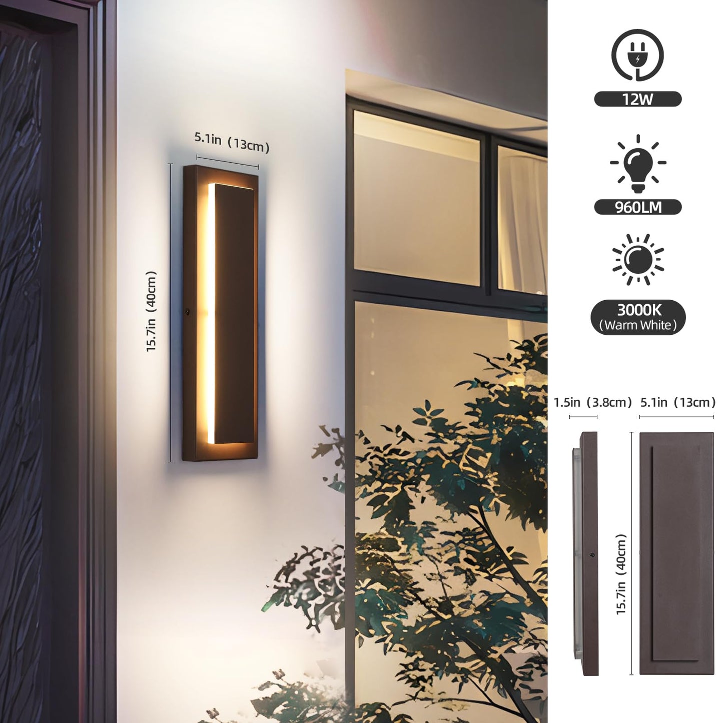 ZSMAIKU 1Pack Brown Outdoor Wall Sconce, Exterior Lights Fixture,Waterproof Wall Lights for House,Porch,Patio,Modern Outdoor Lights,Outdoor Wall Lighting,3000K Warm White,15.7In