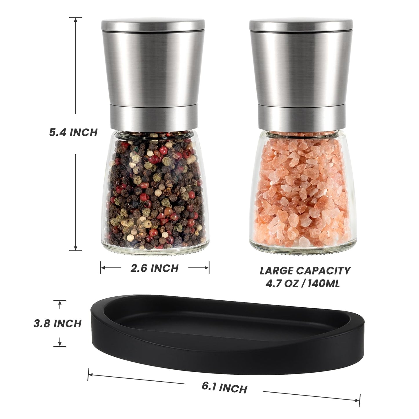 VEVOK CHEF Salt and Pepper Grinder Set Stainless Steel Adjustable Coarseness Ceramic Pepper Mill Salt Crusher with Silicone Tray Salt and Pepper Shaker Spice Grinder Kitchen