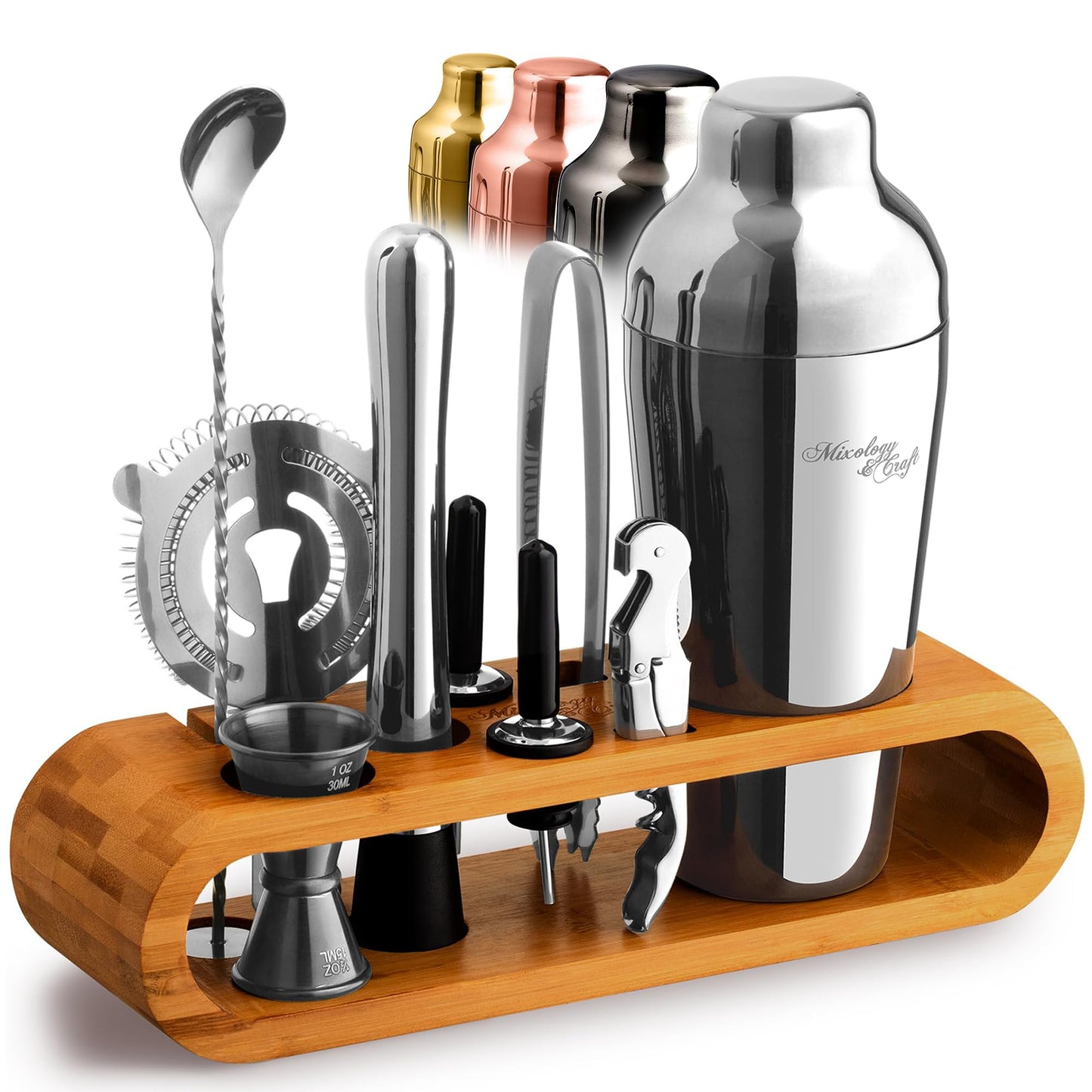 Mixology Cocktail Shaker Set - 10-Piece Cocktail Making Set - Home Bartender Kit in Bamboo Stand with Spoon, Boston Shaker, Other Tools for Drink Mixing, Martini, Mocktail - Gift Set (Silver)