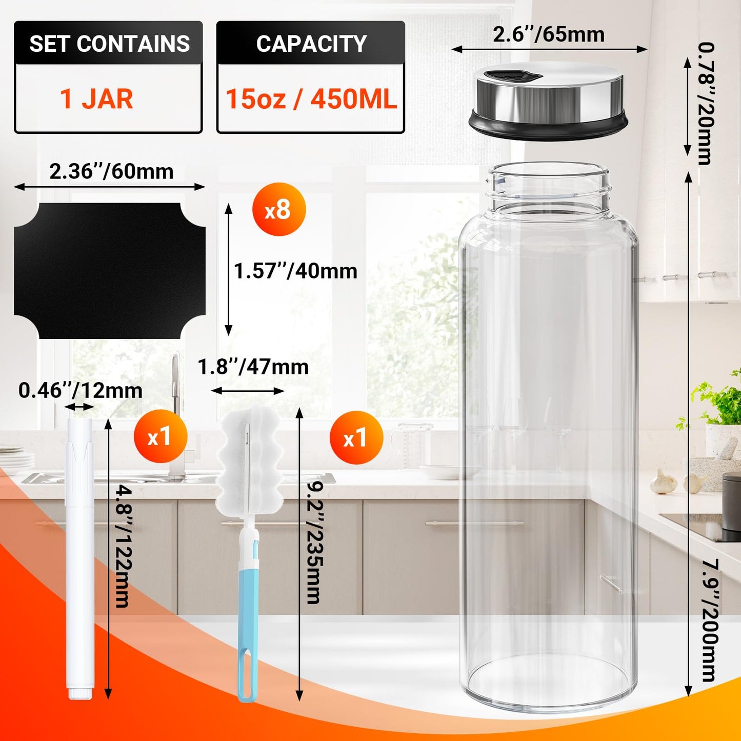 Segarty 15oz Spice Jar with Accessories, 1 Pack 450ml Glass Salt Pepper Bottle with Shaker Lids for Seasonings Storage, Large Condiment Container with 8 Blank Labels, 1 Cleaning Brush, 1 Chalk Marker
