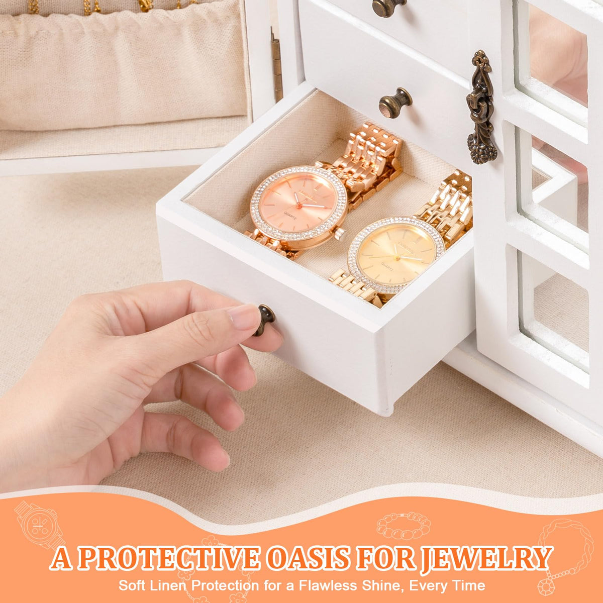 SINGBLA Jewelry Box Organizer, Farmhouse Wooden Jewelry Boxes for Women Girls, 6 Layer Jewelry Case Storage with Bracelet Holder Display Hooks for Necklaces Earrings Rings Bracelets (Weathered White)