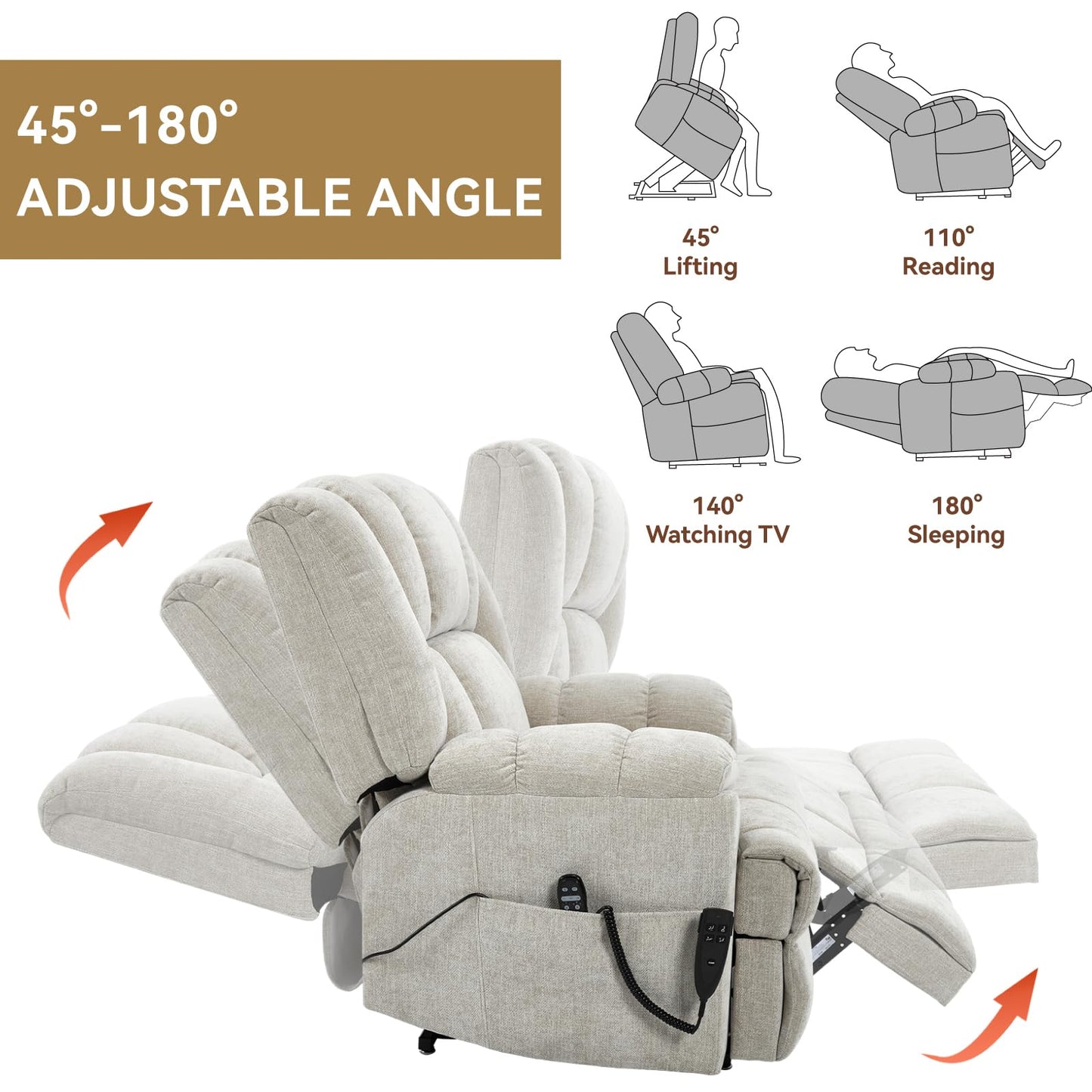 GDFStudio Dual Motor Power Lift Recliner Chair with Massage and Lumbar Heat, Heavy Duty Electric Reclining Chair with Remote Control, Supports Up to 350 LBS, Beige