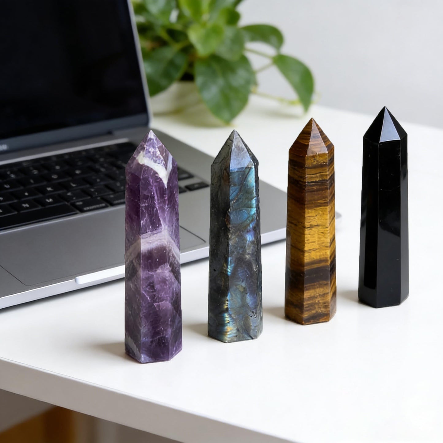 4Pcs 5.9 Inch Natural Crystal Obelisk Tower Set, Polished Hexagonal Point Wand, Obsidian Labradorite Amethyst Tiger's Eye Stone, Reiki Healing Crystal Obelisk Statue, Home Desktop Decor Spiritual Gift