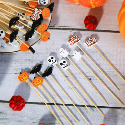 Halloween Cocktail Picks Halloween Theme Skull Ghost Pumpkin Bat Decorations Long Toothpicks Fruit Sticks Skewers Topper for Appetizer Charcuterie Food Sandwich Cupcake Halloween Themed Party Supplies