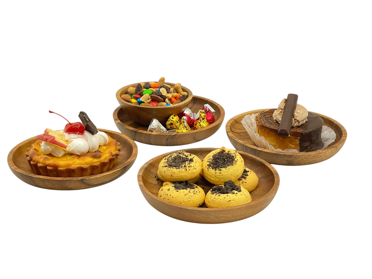 WRIGHTMART Acacia Wooden Plates Set of 4 – 6” Round, 1 Inch Thick Solid Wood Dessert, Snack & Side Plates, Handcrafted Natural Tableware for Appetizers, Bread, Small Portions