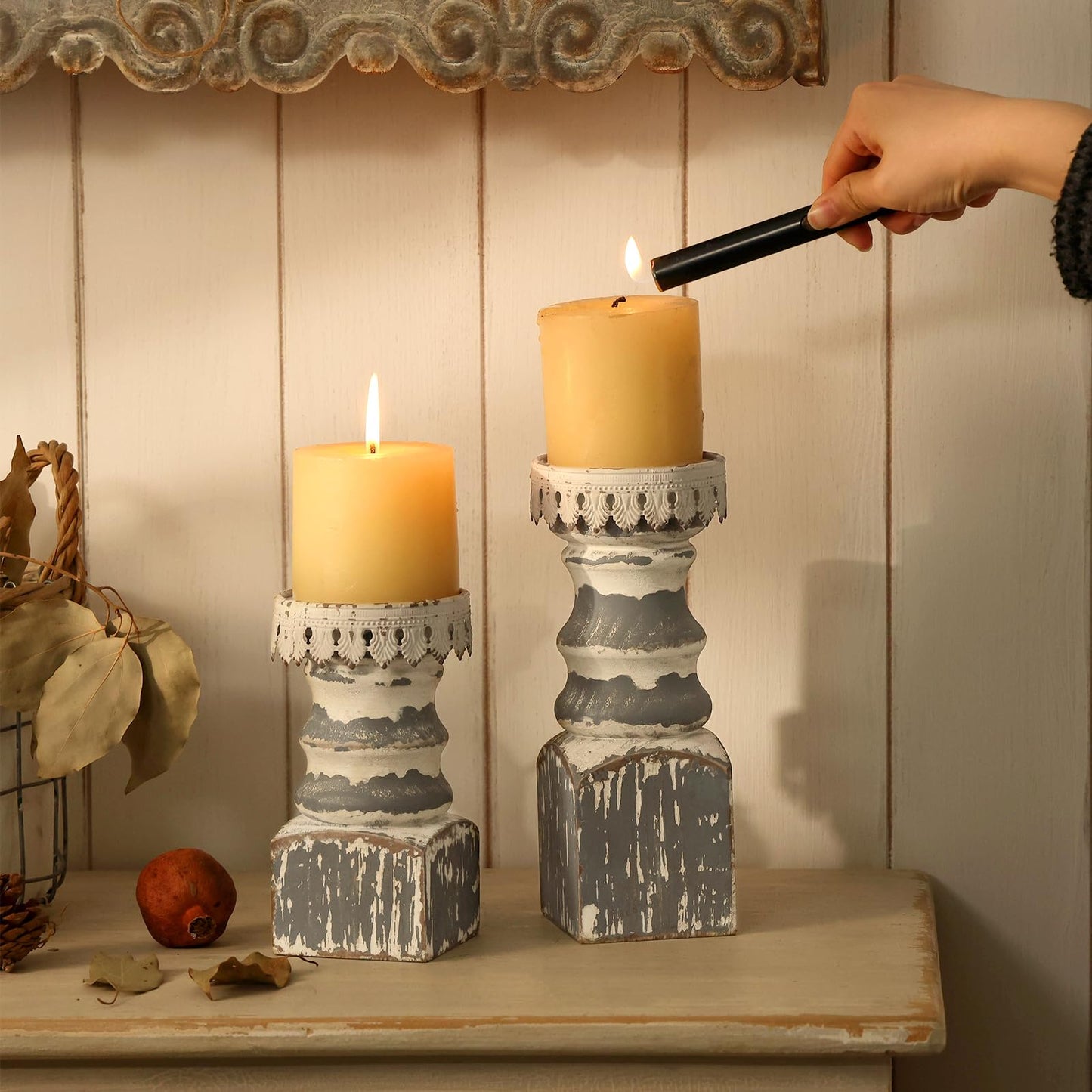NIKKY HOME Farmhouse Rustic Solid Wood Pillar Candle Holders Set of 2, Grey