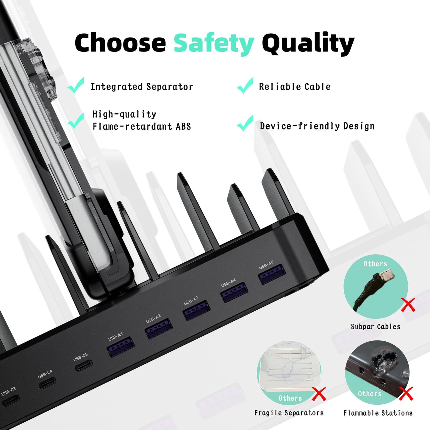 420W Charging Station for Multiple Devices, Zobirez 10-Port USB C Fast Charger Stations for MacBook, iPhone, Android Cell Phone, iPad, Tablet, Family Multi-Device Organizer Charging Dock, Black