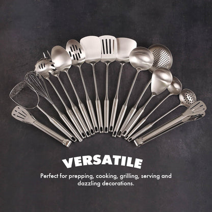 18/10 Stainless Steel Cooking Utensils Set - 16 PCS All Metal Small & Large Kitchen Spoons, Serving Utensils - Whisk, Masher, Fork, Tongs, Solid/Slotted Spoon, Spatula, Turner, Ladle, Skimmer, Pasta