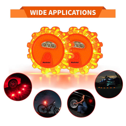 Markstor Led Road Flares 4 Pack LED Flares Emergency Kit, USB Recharge Amber LED Flares Warning Light with Magnetic, Roadside Safety Disc Flares Kit with Breaker,Whistle for Vehicle (4 Pack Parts)