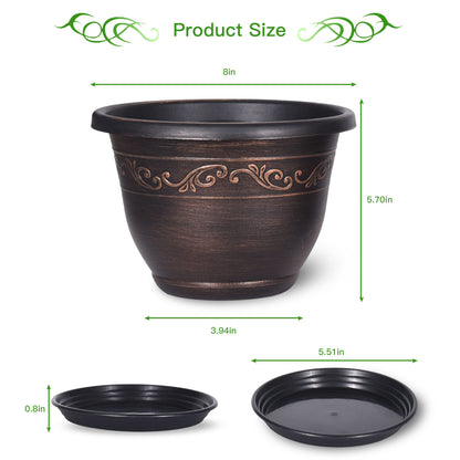 20cm-Plastic-Plant-Flower-Planters Indoor Outdoor, 6 Packs Lightweight Flower Pot With Drainage Hole & Saucer, Retro Antique Imitation Decorative Garden Pots For Houseplants