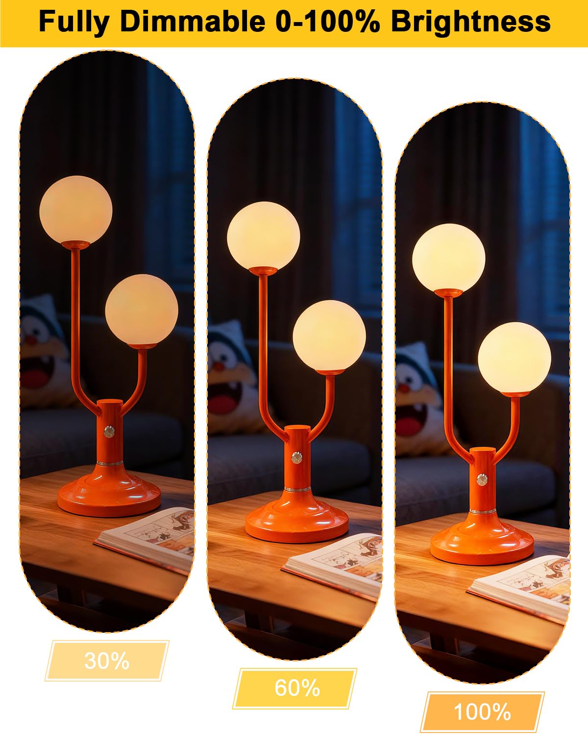 Lightdot Globe Table Lamp for Bedroom Mid Century Modern Orange Small Desk Lamp Dimmable 3000K Warmwhite Nightstands Bedside Lamp for Living Room Home Office(G9 Bulbs Included)