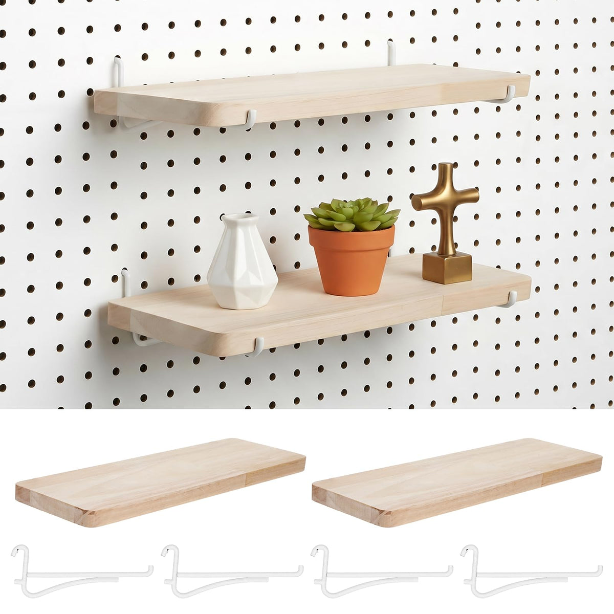 2 Pack Pegboard Shelves, Solid Wood Wall Shelf with Hooks, Solid Wood Pegboard Shelf, High Balance and No tilt, Wooden Pegboard Shelves for Metal Pegboard, Organizer Accessories for Home & Office