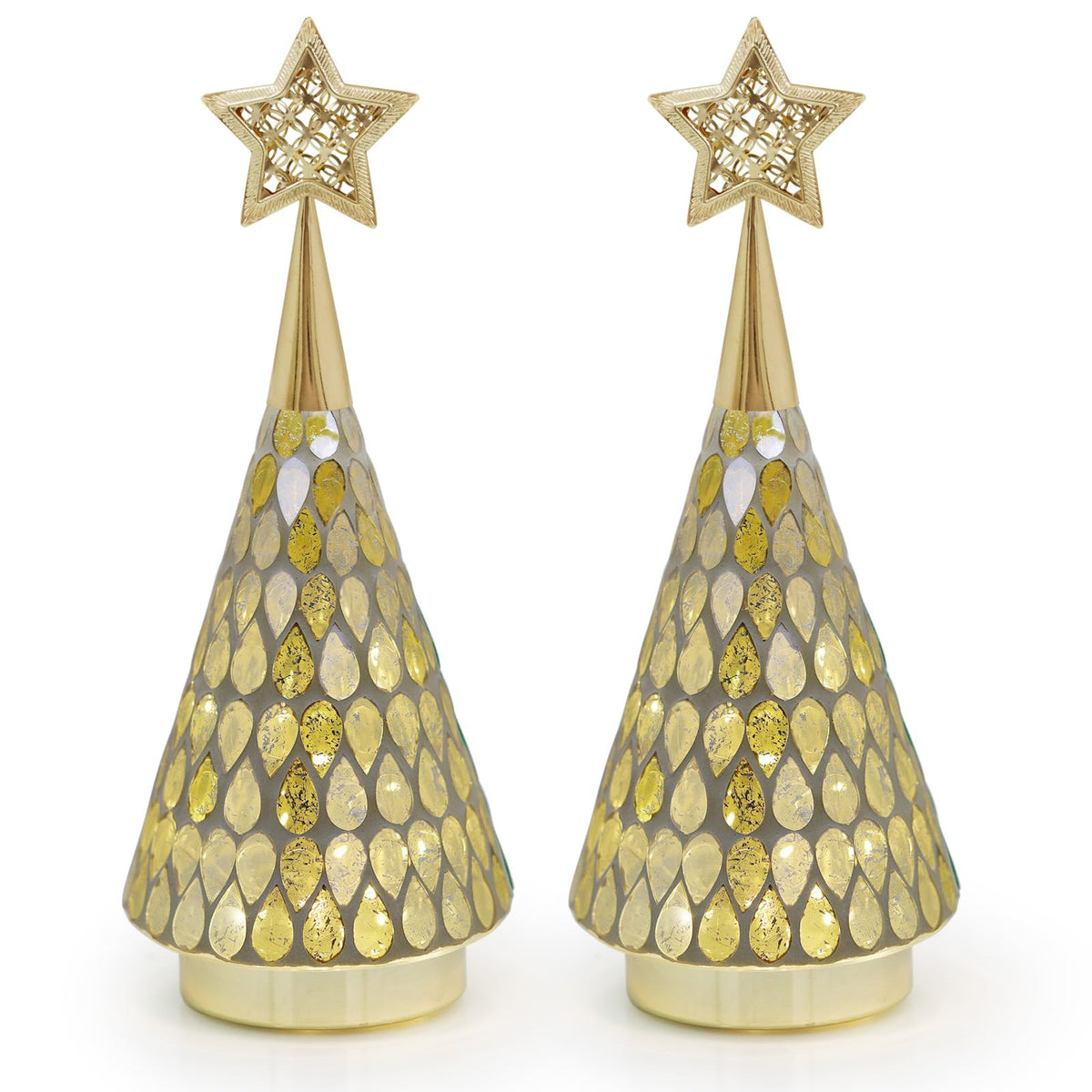 Gold Mosaic Glass Christmas Tree with Star, 2 PCS Small Tabletop Christmas Trees with Light, Battery Operated Xmas Tree for Mantel Decor 11"