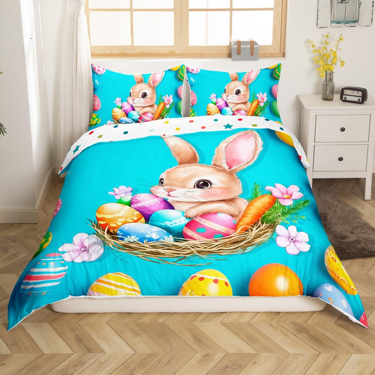 Bunnies Duvet Cover Easter Theme Bedding Set for Boys Teens Youth,Easter Eggs Nest Comforter Cover Cute Rabbit Pet Animal Quilt Cover Queen Size Greetings and Presents for Easter Day