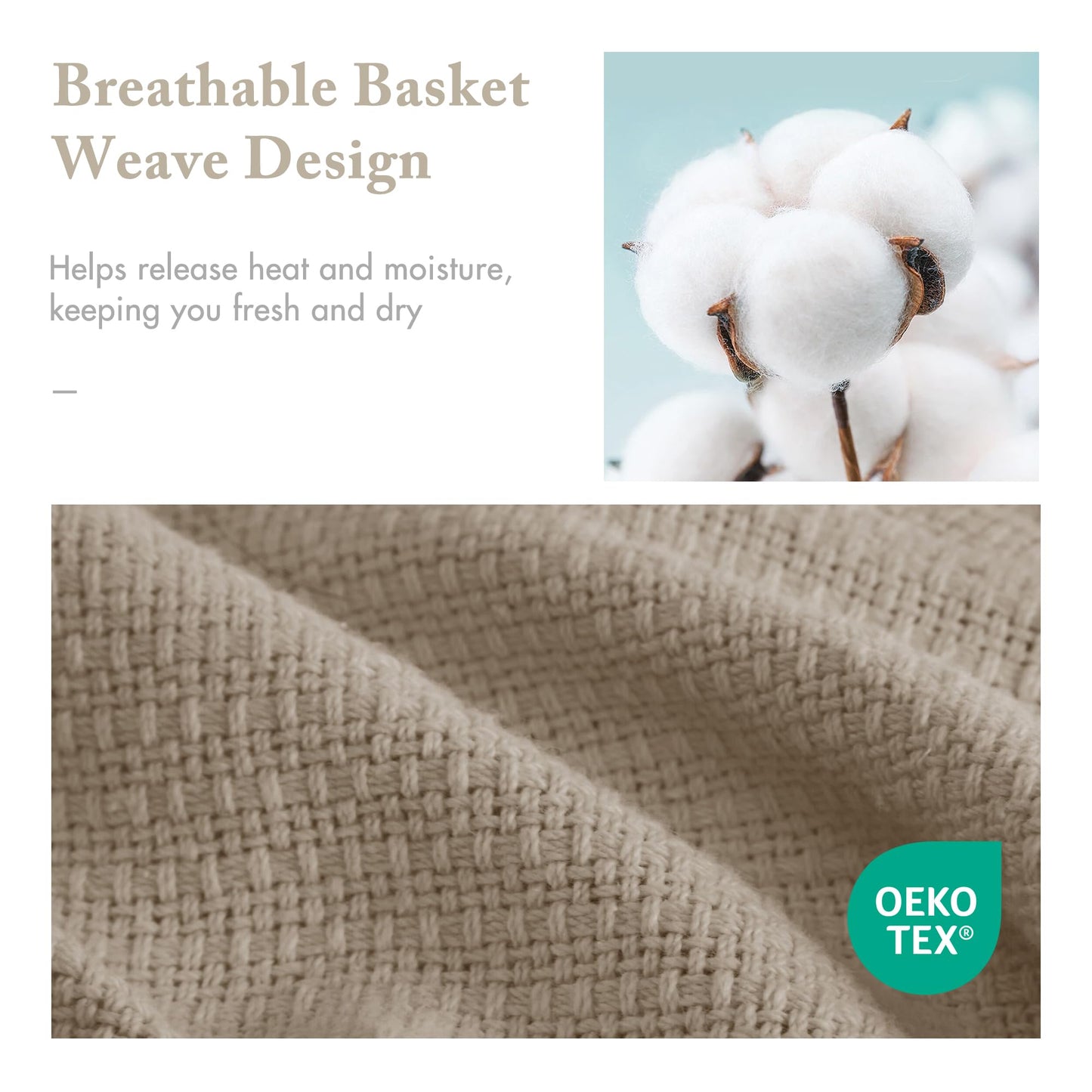 Madison Park Freshspun Basketweave Luxury Cotton Blanket Khaki 108x90" King Size Basketweave Premium Soft Cozy 100% Cotton For Bed, Couch or Sofa