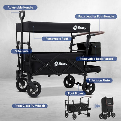 Sekey Kids Folding Handcart Wagon with Removable Canopy, Versatile Foldable Transport Trolley for Family Outings Including Shockproof PU Wheels, 220LBS(100KG) Weight Capacity, Push Handle, Black