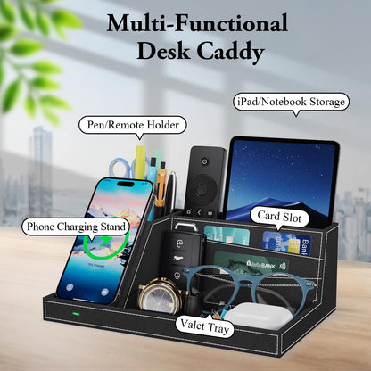 TopMade Wireless Charger Desk Nightstand Organizer, Leather Pen Holder Office Supplies Desk Accessories Fast Charging Station, Remote Control Holder, for iphone Charger Stand Gifts for Men (Black)