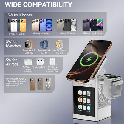 7-in-1 Multifunctional Wireless Charging Station with LCD Touch Screen, Bluetooth 5.3 Speaker, Alarm Clock, Qi2 Magnetic 15W Fast Charging Dock for iPhone, iWatch, AirPods, 20W Adapter (Silver)