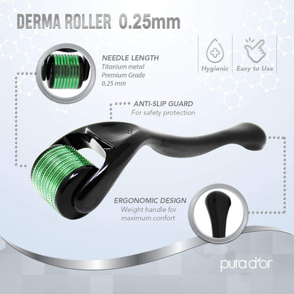 PURA D'OR 25% Vitamin C Serum 4 Oz + 0.25mm Derma Roller Set - Hyaluronic Acid & Retinol Microdermabrasion Skin Care Cosmetic Kit For Face & Eyes, Dark Spots - For Men & Women