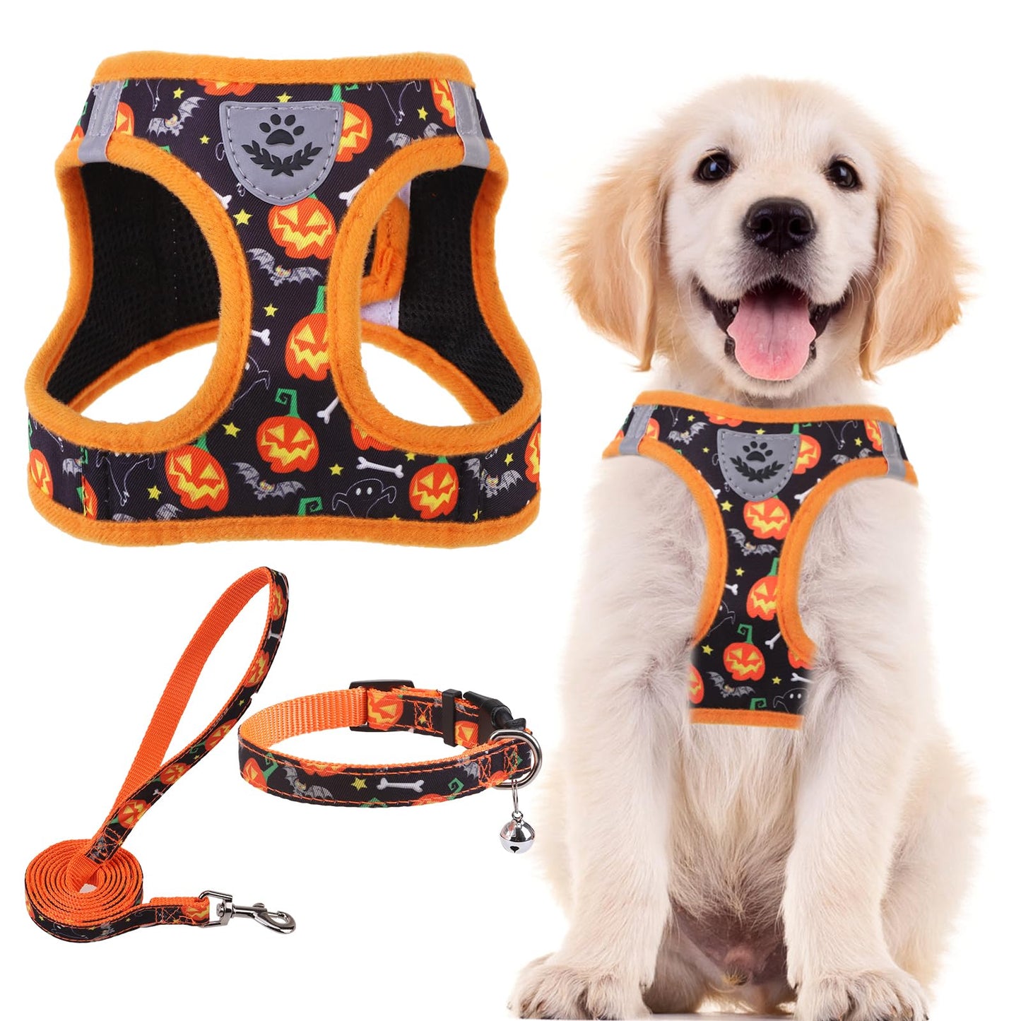 PUPTECK Adjustable Dog Harness Collar and Leash Set Step in No Pull Pet Harness for Small Medium Dogs Puppy and Cats Outdoor Walking Running, Soft Mesh Padded Reflective Vest Harnesses, Halloween, S