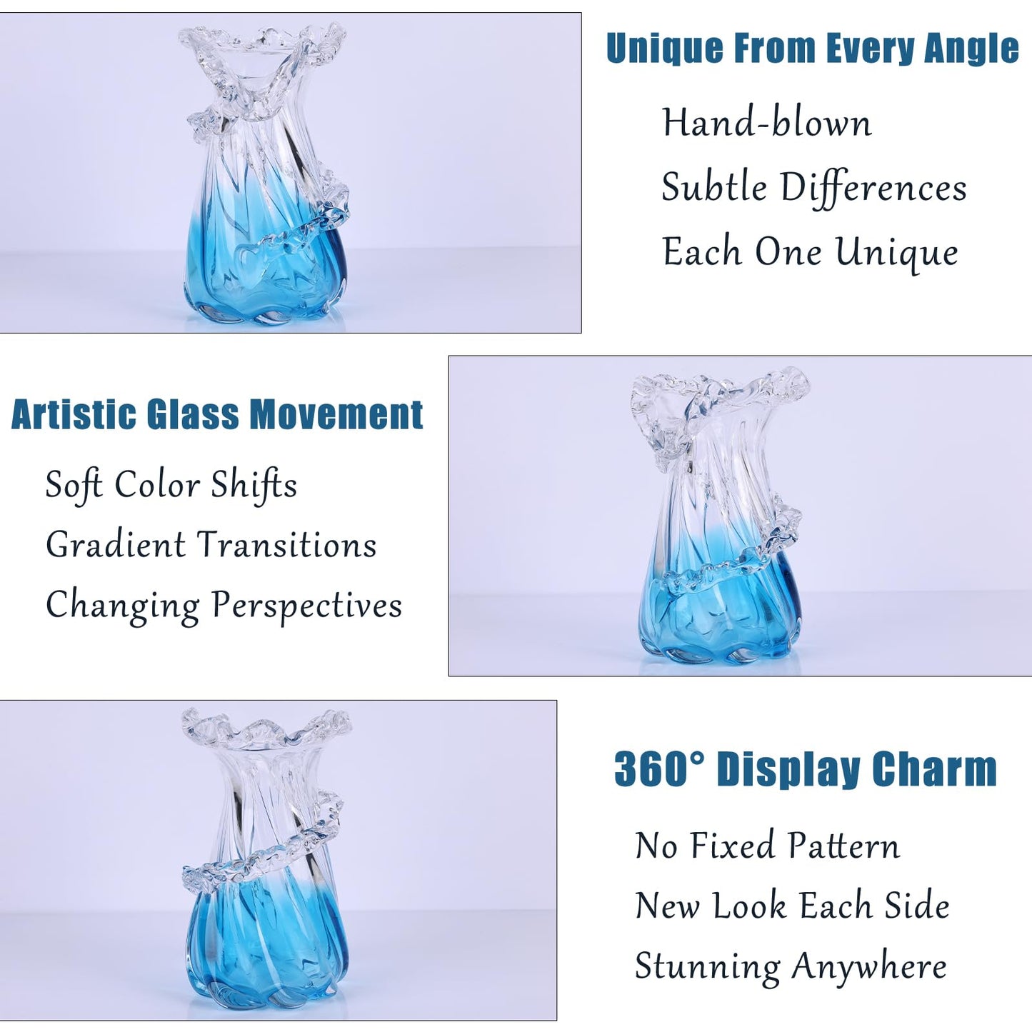 oliruim Blown Blue Glass Vase, Unique Ocean Wave Artistic Glass Centerpiece for Coastal Home Decor, Coffee Table, Living Room Console Table, Fireplace Mantel (Small)