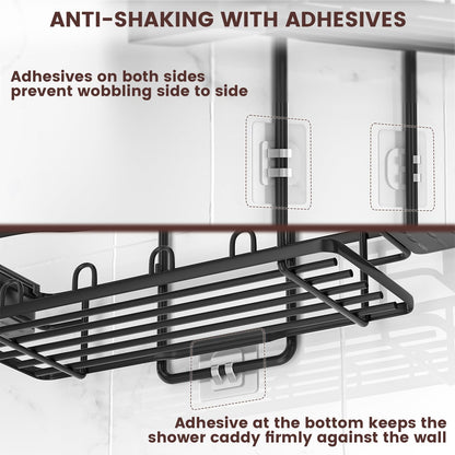 REINHARDT Shower Caddy Hanging, Rustproof Shower Caddy Anti-Swing Shower Organizer Over Showerhead No Drilling Shower Racks with Soap Holder Multi Hooks Bathroom Storage for Shampoo Sponge, Black