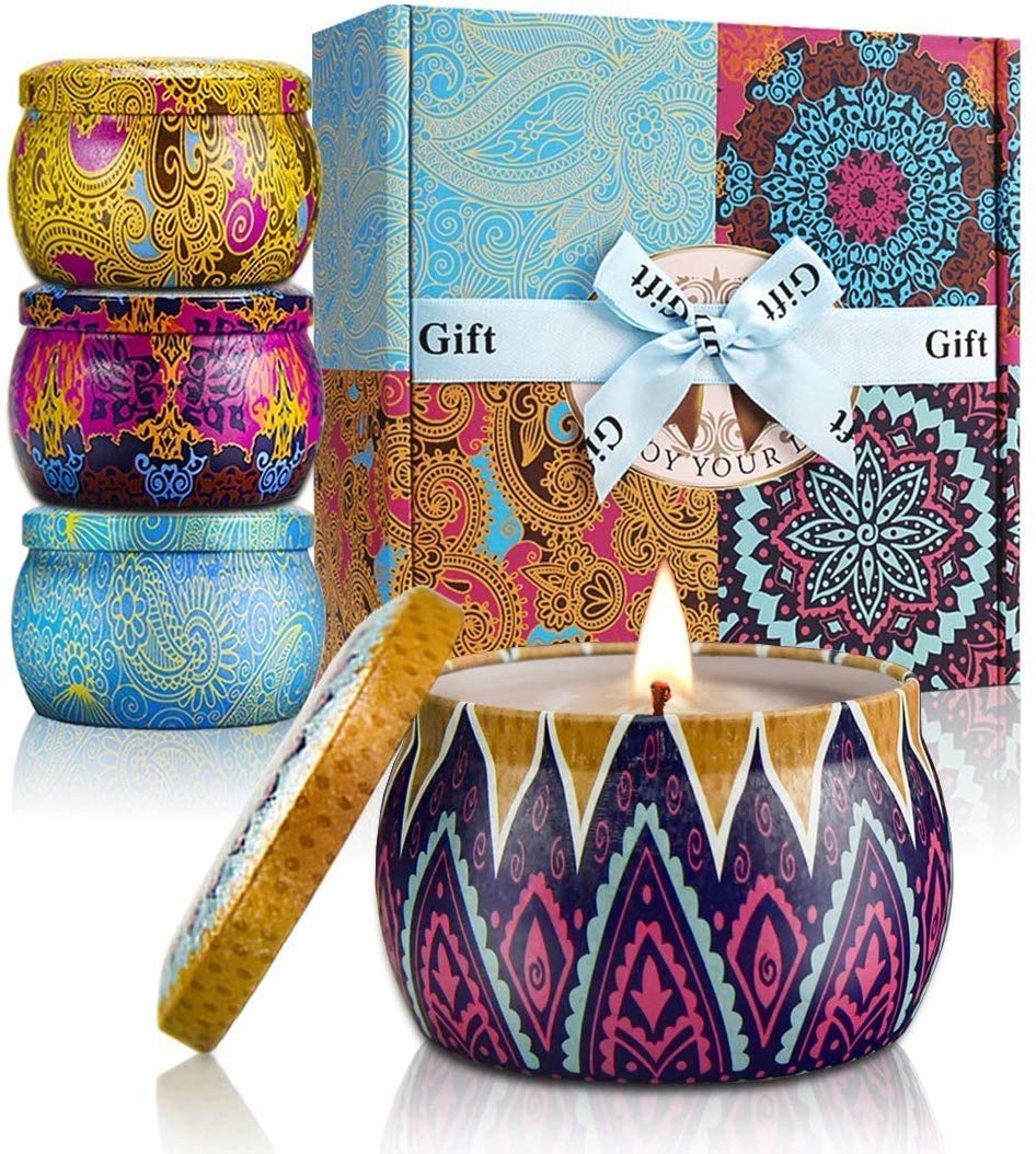 YMing Scented Candles Gifts for Women, 5.65 oz Large Aromatherapy Candles, Scented Candles Gift Set, Real Soy Wax Portable Travel Tin Candle, 4 Pack Metal, Birthday Gifts for her, Christmas