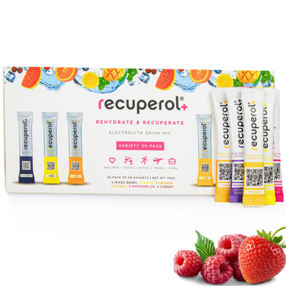 Recuperol Rehydration & Recovery Electrolytes Powder Drink Mix, Variety 30 Pack, High Electrolyte Content│Sugar Free, Vegan, Zinc, Vitamin C, B12, D3, Potassium - 6 Natural Flavours