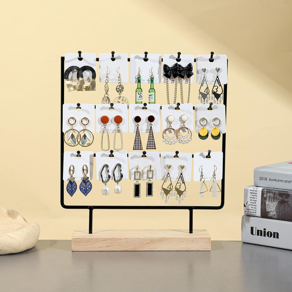 sanbeitang Earring Display Stand for Vendors, 3 Tier Black Wood Earring Rack with 15 Hooks, Stand Holder for Selling for Earring Keychains