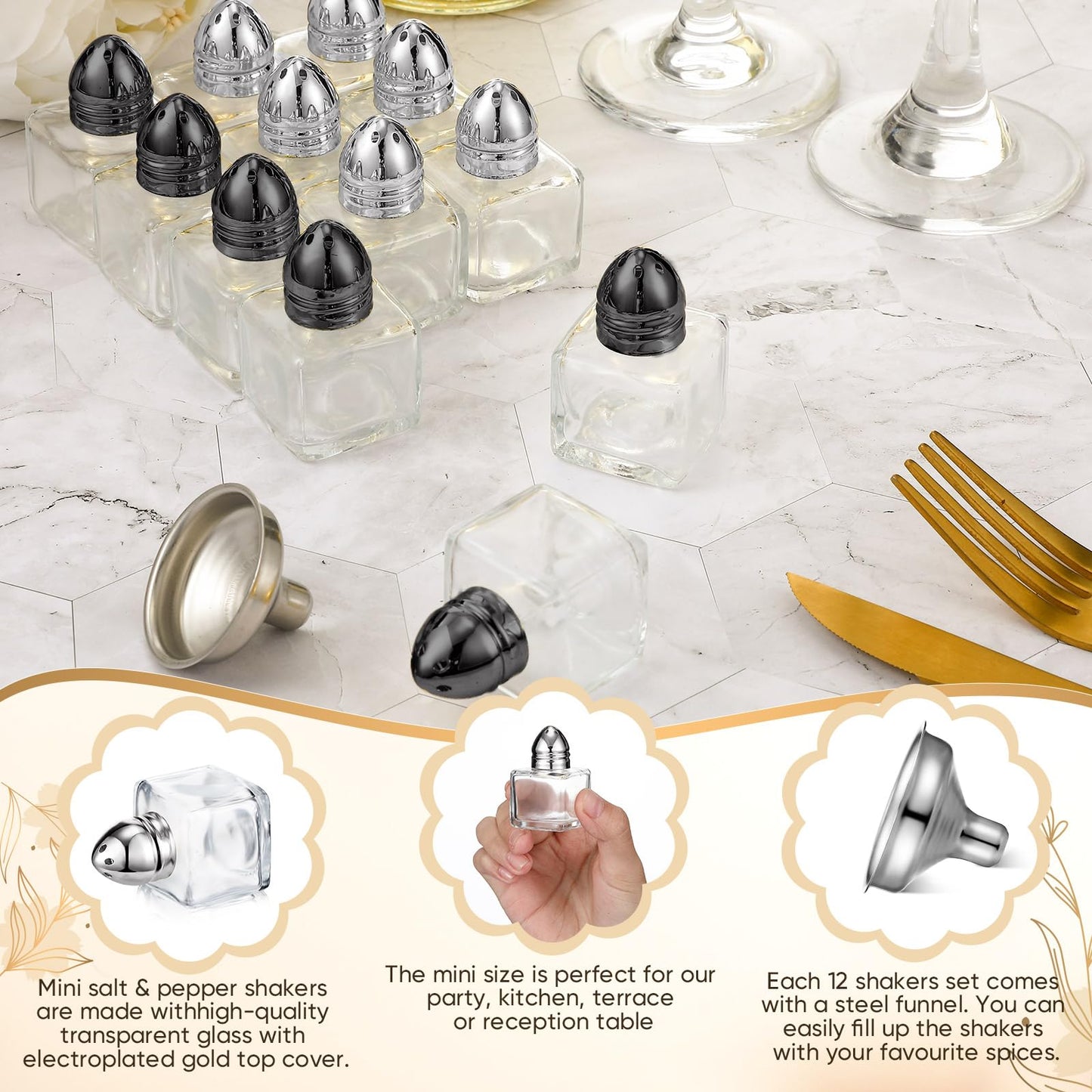Uiifan 12 Pcs 0.5 oz Cube Shape Small Salt Pepper Shakers with Tone Tops Clear Mini Glass Seasoning Jars Spice Salt Shakers with Funnel for Wedding Party Restaurant Home Kitchen (Black,Silver)