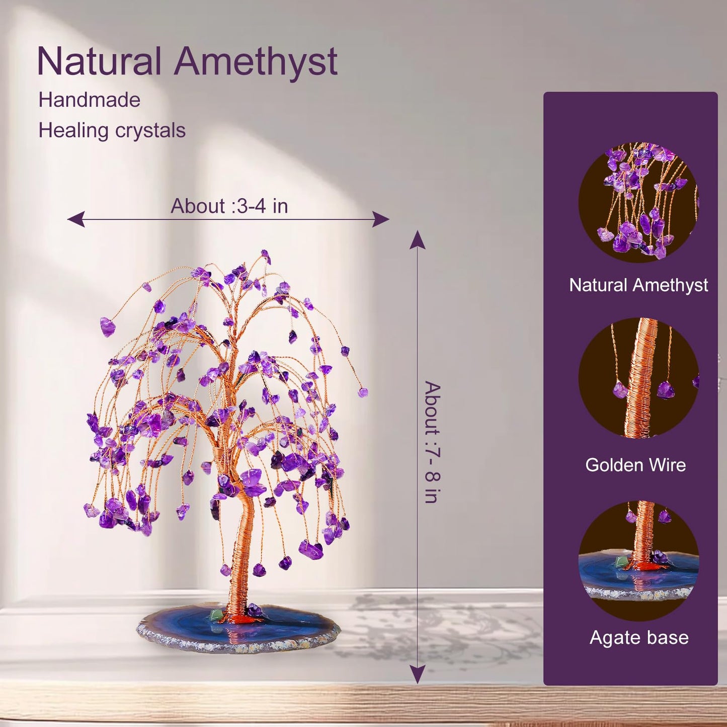 Runyangshi Natural Amethyst Crystal Tree of Life Handmade with Copper Wire - 7-8" Healing Crystals Gemstone Willow Tree Geode Agate Slices Base for Home Decor, Feng Shui Gifts, Office Desk Ornament