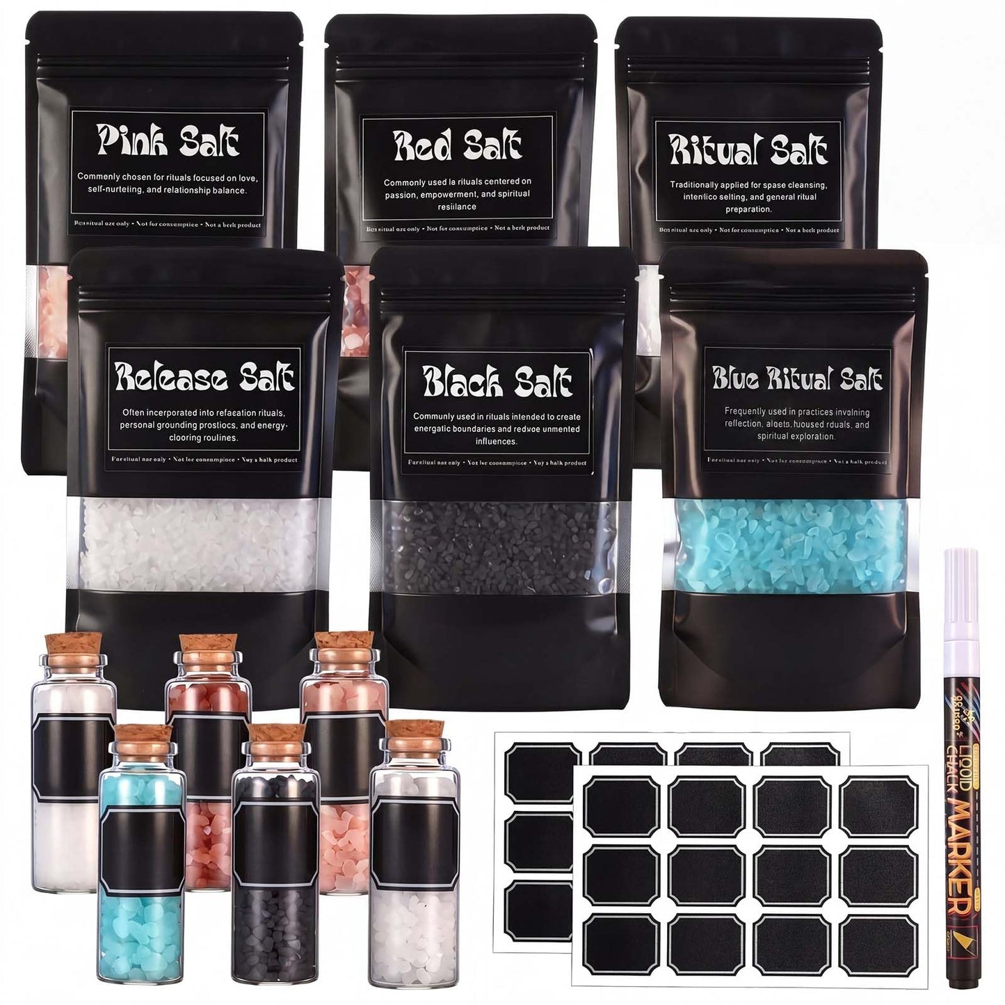 ElaraBerry 6 Pack Ritual Salt Starter Collection Pack with Dispensing Bottles Chalkboard Labels for Ceremony and Spell Handcrafted Negative Energy Rituals Protection Crystals for Witchcraft Supplies