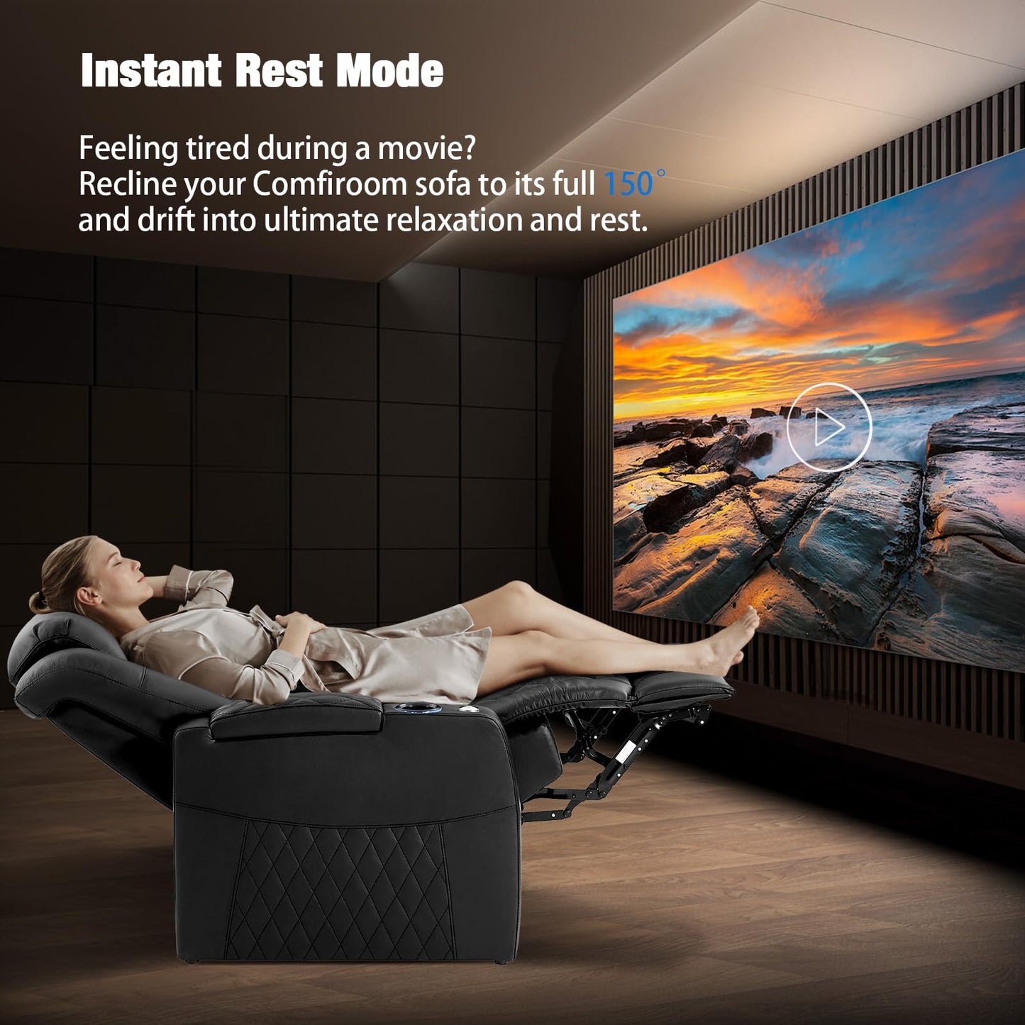 comfiroom Home Theater Seating Seats Classic Series Top Grain Leather Loveseat Recliner Chairs Dual Power Movie Gaming Sofa Chair Electric Headrest with Tray Table (Black, Row of 4 Loveseat Right)