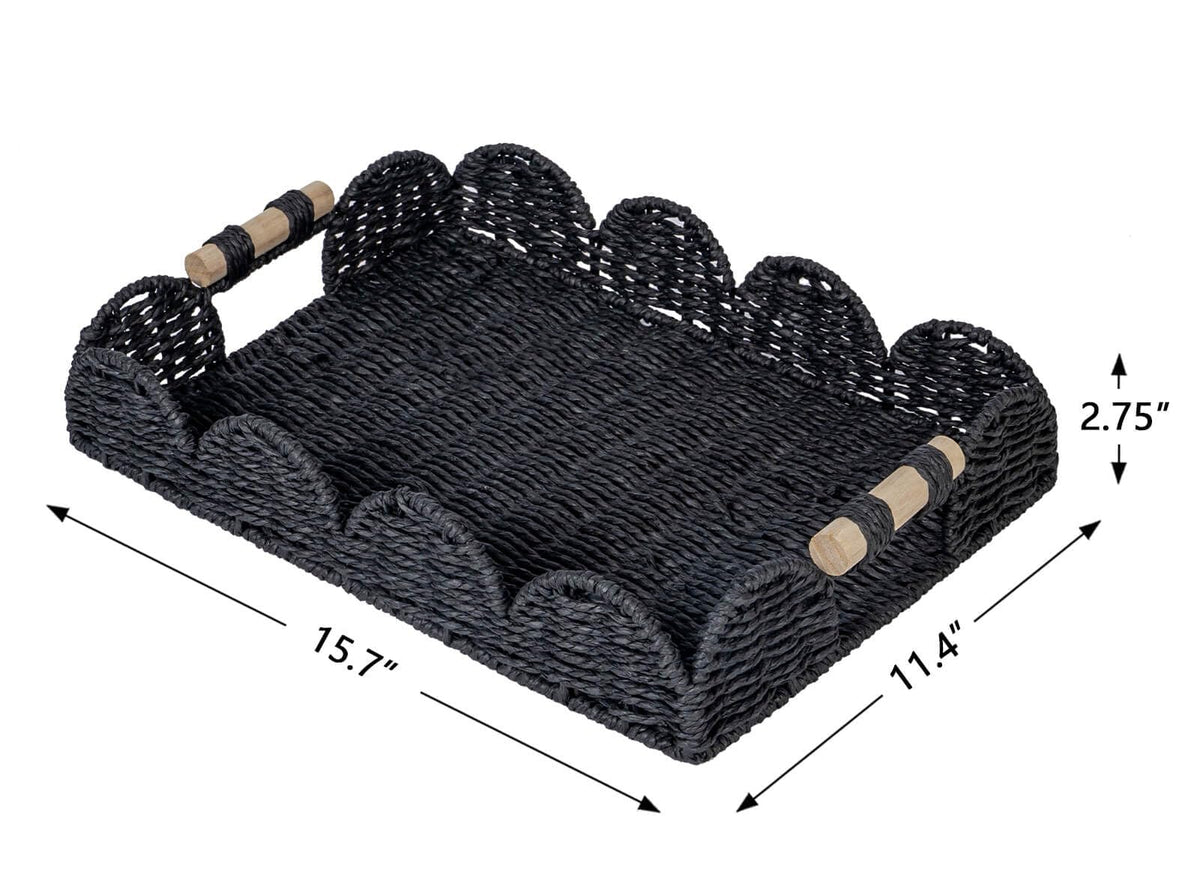 CubesLand Rectangular Scalloped Decorative Centerpiece Tray for Coffee Table, Home Decor, Living Room - Black Tray w/Wooden Handle – Warm and Elegant for Holidays, Housewarmings - Candle Plate Holder