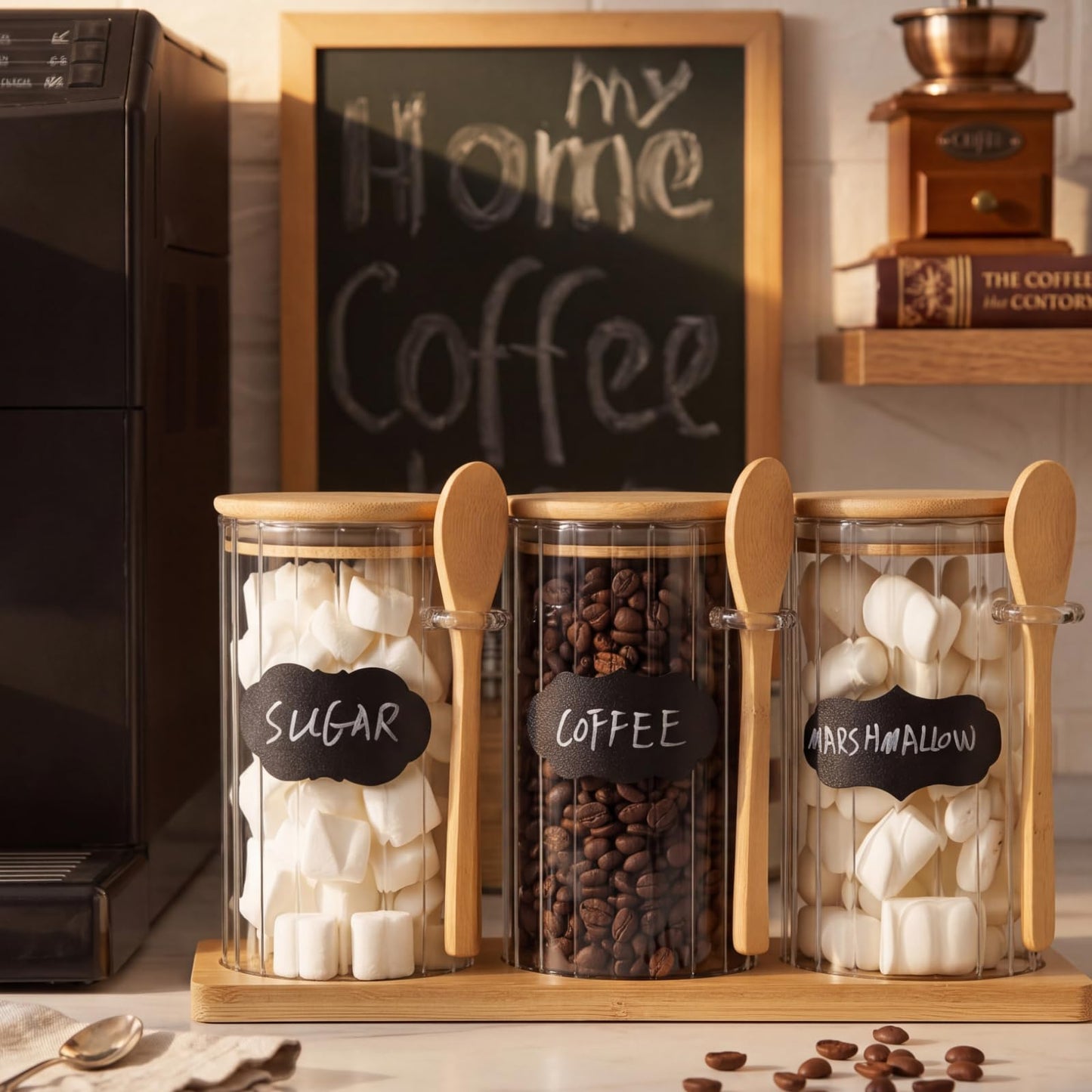 Yiyiring Set of 3 Glass Coffee Container with Bamboo Lids Spoons Labels 25 oz Clear Airtight Jar Food Storage Canister Set for Coffee Tea Sugar Decorative Countertop Organization Jars(Light Wood)