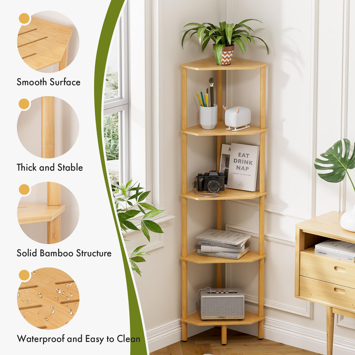 Corner Shelf, 5 Tier Bamboo Corner Bookshelf, 54" Tall Narrow Bookcase, Plant Stand, Corner Display Rack, Shower Caddy, Display Standing Shelf Organizer for Bedroom, Living Room, Kitchen, Home Office