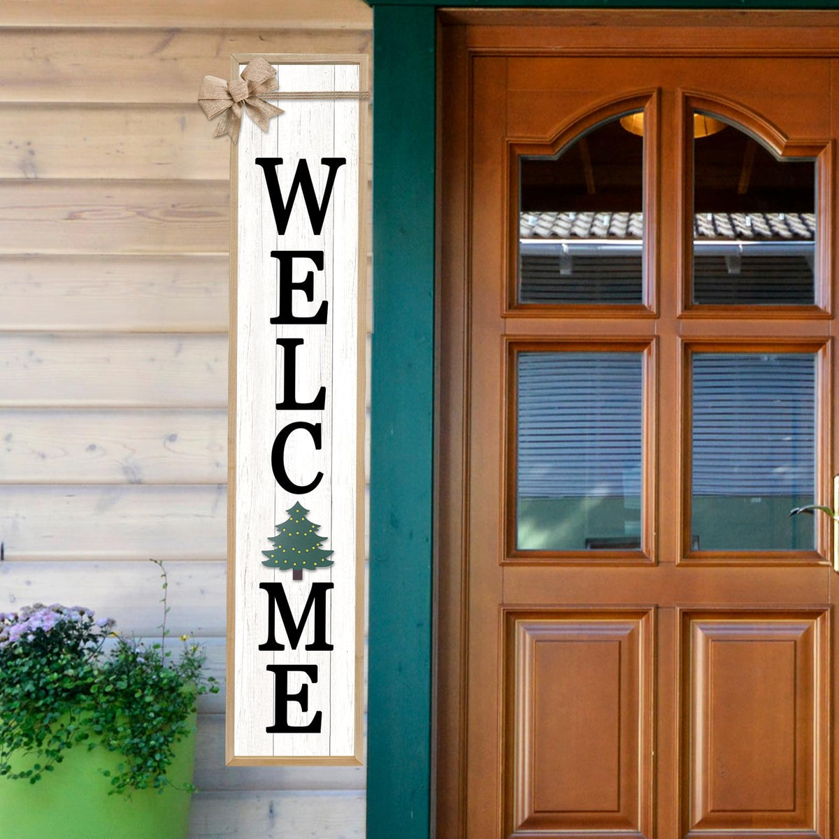 SRSZHIYUE Interchangeable Welcome Sign for Front Door Standing, 45"X9" with 12 Pcs Replaceable Icons Rustic Outdoor Tall Front Porch Farmhouse Outside Wreath Leaner Vertical Decor (Wood)