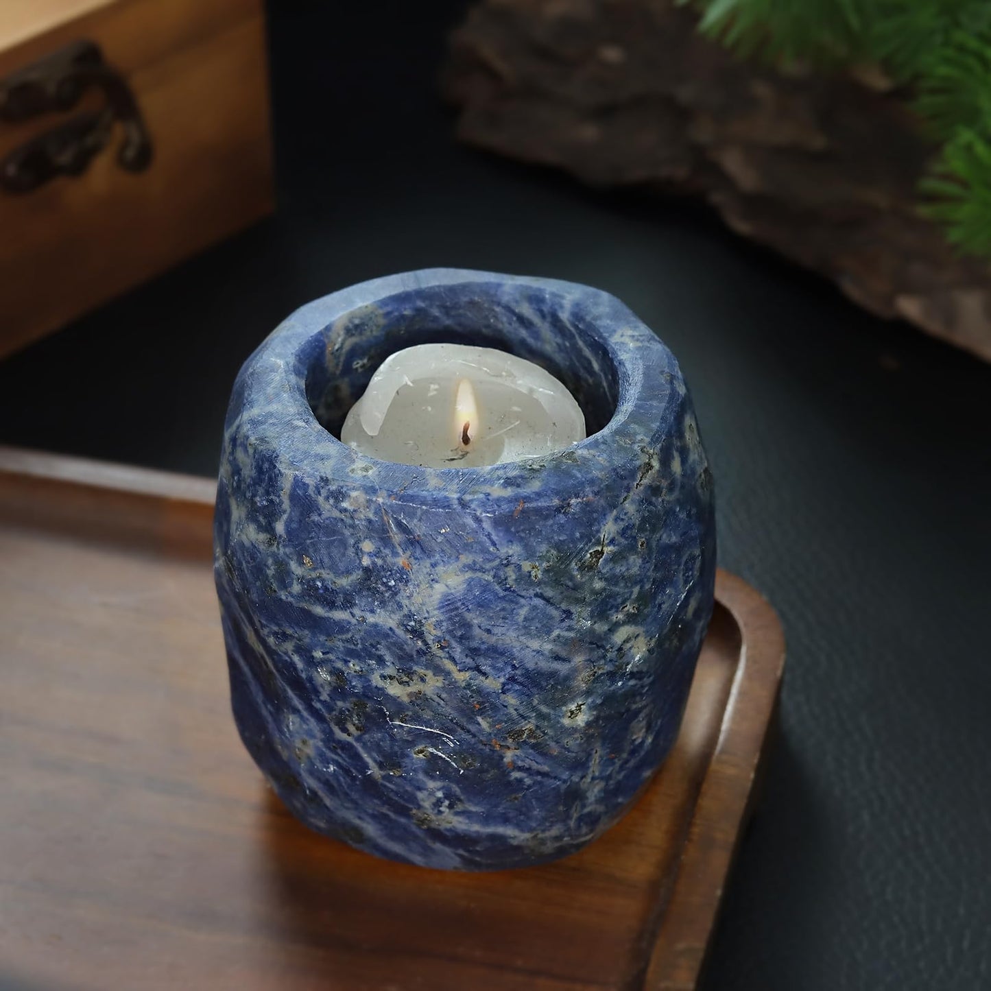 rockcloud Natural Raw Blue Sodalite Taper Tea Light Candle Holder Air Plant Holder Healing Stone Home Decoration Figurine