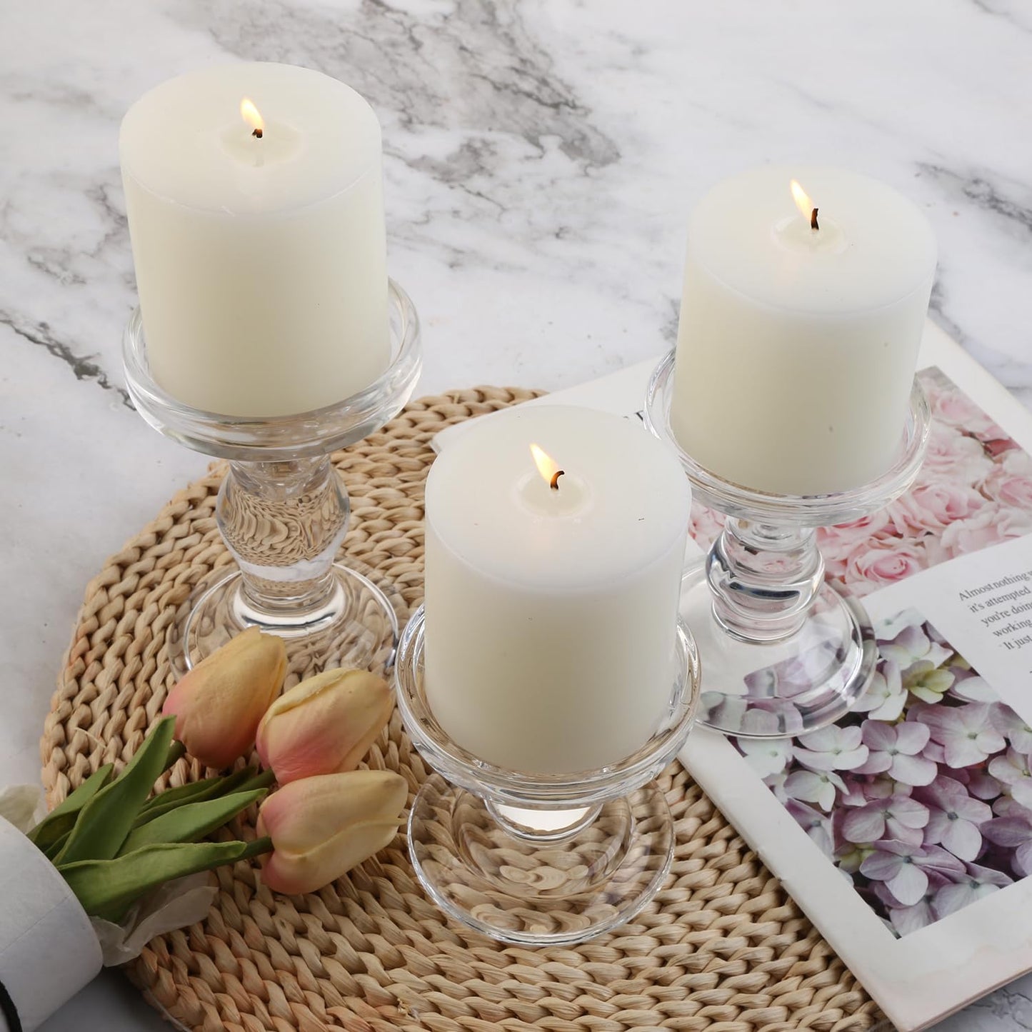 BTGLLAS 6-Piece Set of Glass Candlestick, Crystal Candlestick Holder Holder and Conical Candle, Christmas Candle Holder Decoration, Family Living Room Wedding Candle Holder (Clear 2sets)