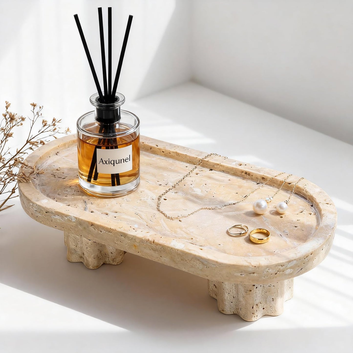 Axiqunel Natural Travertine Oval Tray with 2 Legs, 9.6"x4.7" Vanity Decorative for Countertop Ornaments, Catchall for Perfume, Candles, Jewelry Dish & Home Decor