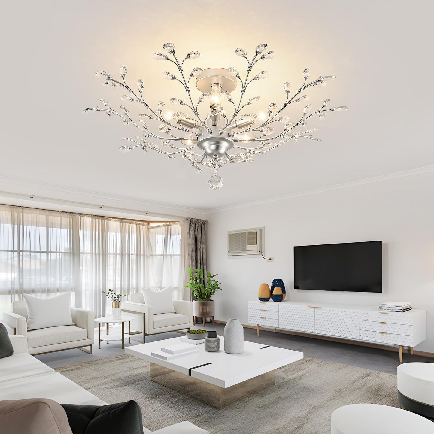 CVKASH 5-Light Vintage Small Crystal Chandelier Modern Silver Branche Ceiling Light Fixture Farmhouse for Kitchen Dining Room Living Room Bedroom Hallway Foyer