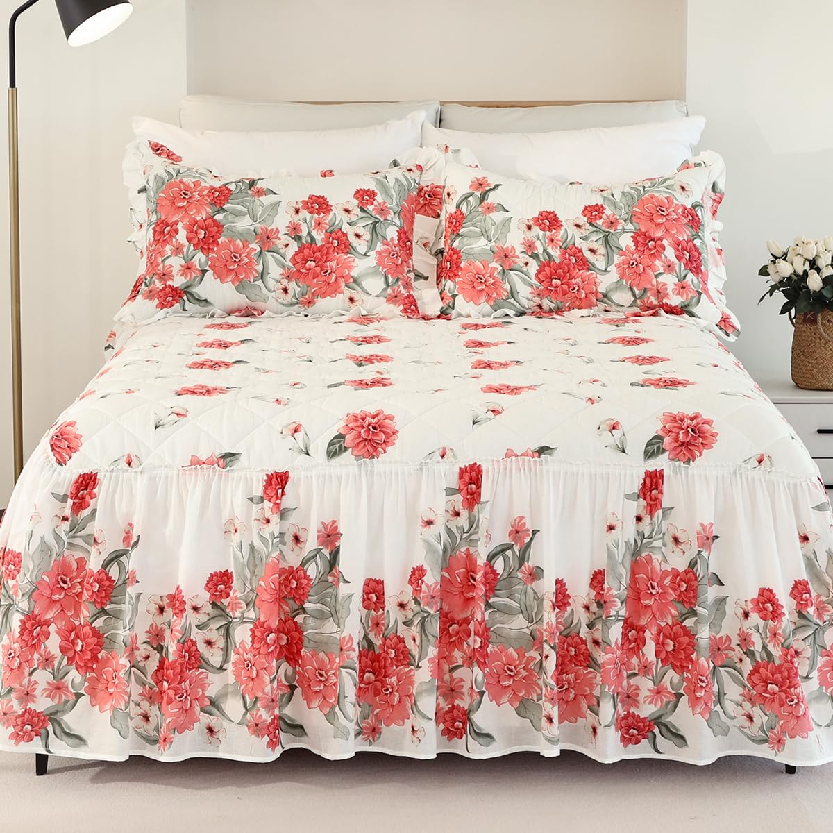 EVENHUG Ruffle Skirt Queen Size Bedspread Set Red Floral 100% Cotton Quilt Bedding Sets with Pillow Shams Lightweight Soft Coverlet Bed Spreads Sets 3 Piece (Queen, 60"x80")