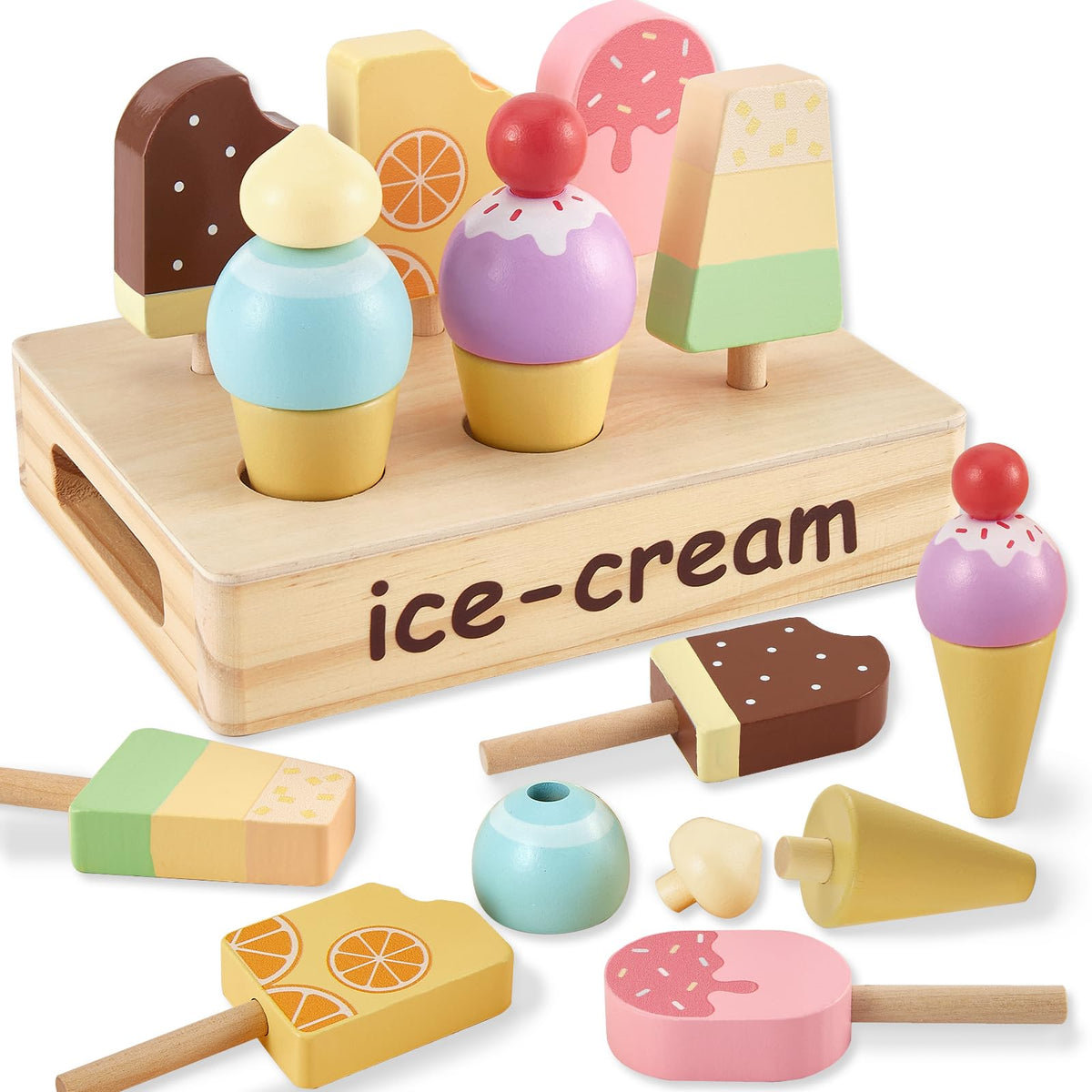 HERSITY Wooden Ice Cream Stand for Kids, Ice Cream Popsicle Toy Pretend Play Food Kitchen Accessories Playset Lolly Shop Games for Toddlers Girls Boys 3 4 5 Years Old