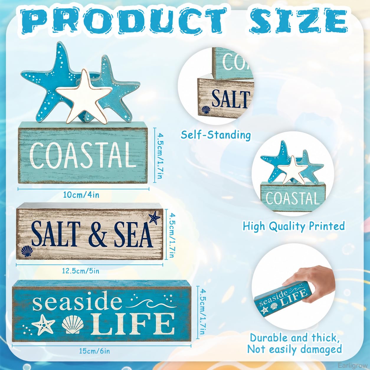 4 Pcs Summer Beach Table Decor Starfish & Seashell Coastal Nautical Wooden Block Signs, Rustic Farmhouse Tiered Tray Decorations for Home Bathroom Office Desk Shelf Mantel