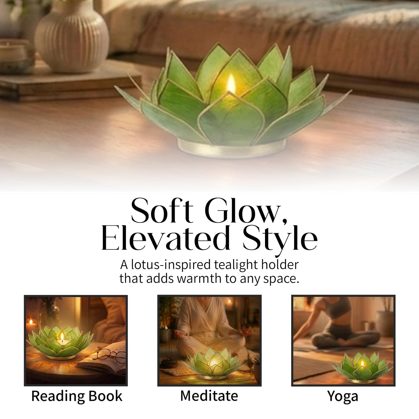 Om Gallery Gemstone Lotus Tealight Holder - Handcrafted Capiz Shell Design for Soft Glow, Elegant Home & Table Decor, Wedding Centerpieces, Votive Candle Styling, and Thoughtful Gifting - Peridot